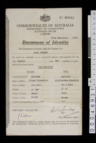 Document of identity issued in lieu of passport to Jack Dobson for travel to Australia, accompanied by his wife Isobel and two children Bryan and Michael