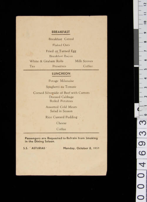 Breakfast and luncheon menu card for the SS ASTURIAS