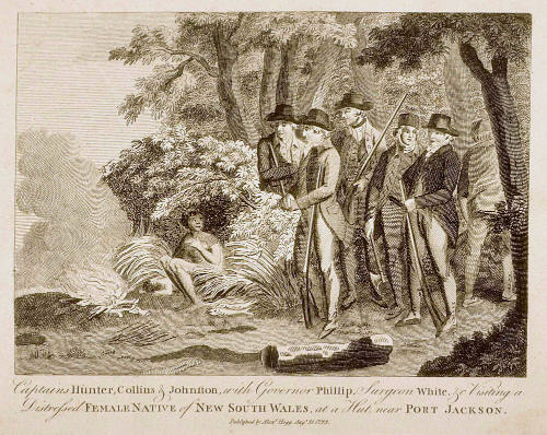 Captains Hunter, Collins and Johnston, with Governor Phillip, Surgeon White etc. visiting a distressed female native of New South Wales at a hut near Port Jackson