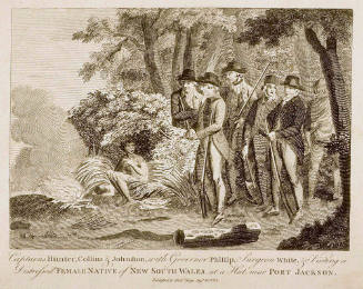 Captains Hunter, Collins and Johnston, with Governor Phillip, Surgeon White etc. visiting a distressed female native of New South Wales at a hut near Port Jackson