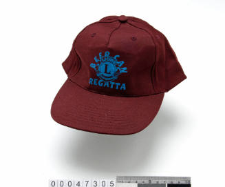 Maroon polyester baseball cap with a painted Lions Beer Can Regatta logo