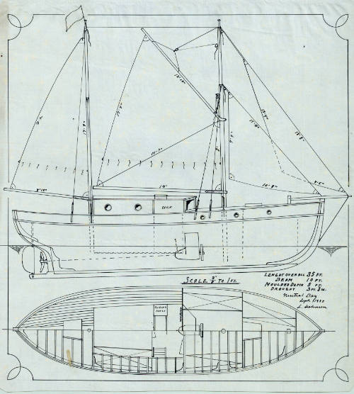 Sail and arrangement plan of a ketch-rigged auxiliary vessel