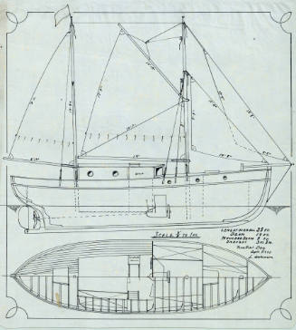 Sail and arrangement plan of a ketch-rigged auxiliary vessel