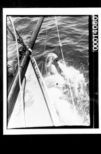 Cruise to Bateman's Bay, a young man swimming in the wake of the yacht's bow