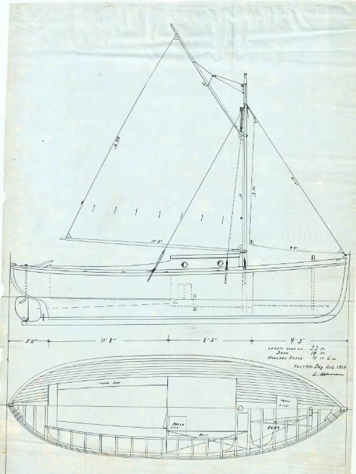 Sail and arrangement plan of a launch vessel