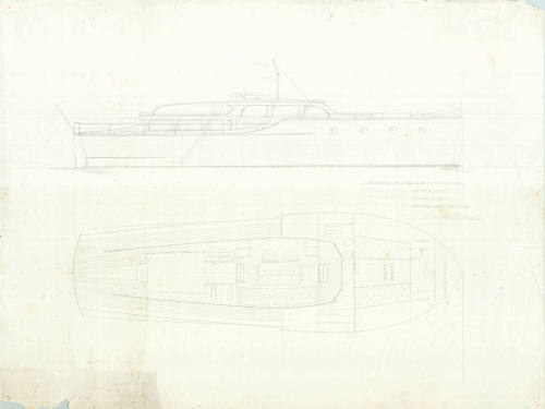 General arrangement plan of a 43 foot express bridge-deck motor cruiser