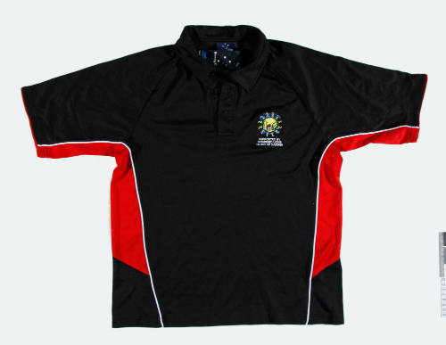 Winning Spirit red and black cotton / cool dry shirt, with embroidered Combined Lions Clubs of Darwin logo