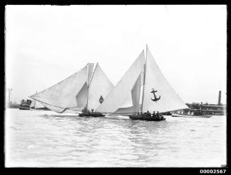 18-footers under sail,ARLINE at left, most likely YENDYS at right.