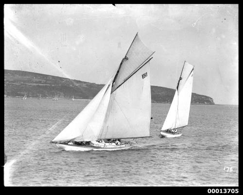 Two sloops sailing into Manly Bay, No. 18 (SCOTIA) leading SUNBEAM