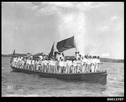 Imperial Japanese Navy visit - Japanese motor launch filled with officers and sailors