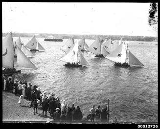 Start of an 18-footer race watched by spectators, Sydney Harbour