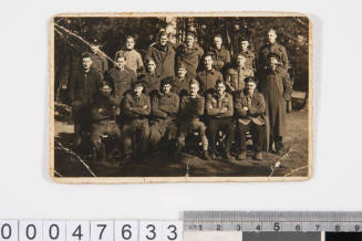 Postcard photograph showing group of prisoners at German prison camp during World War II, from Robert Rose to E R Rose