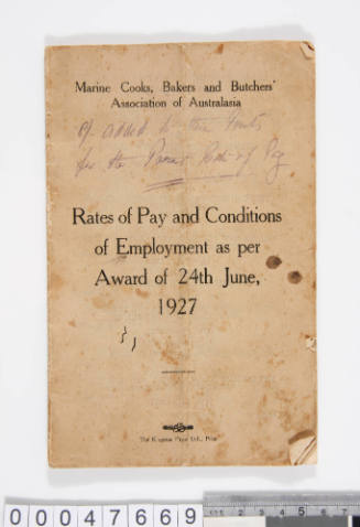 Marine Cooks, Bakers and Butchers' Association of Australasia Rates of Pay and Conditions of Employment 1927.