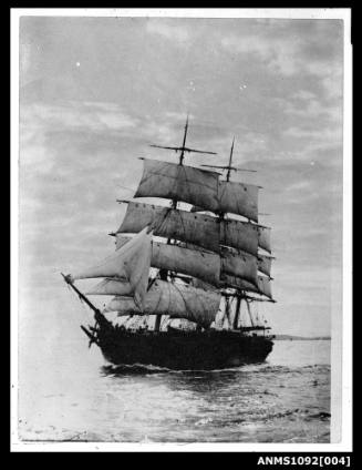 Three-masted ship, possibly SOOLOO, underway with sails set