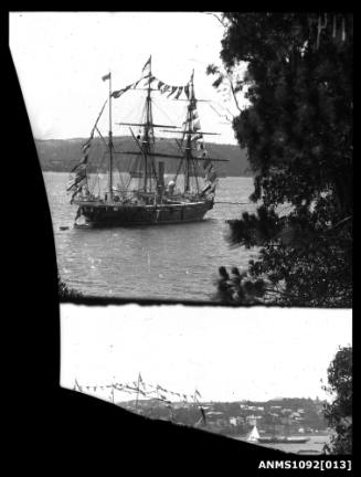 Damaged double image of two ships at anchor