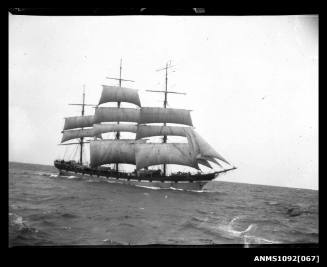 Three-masted ship, probably MERSEY, underway with reduced sail