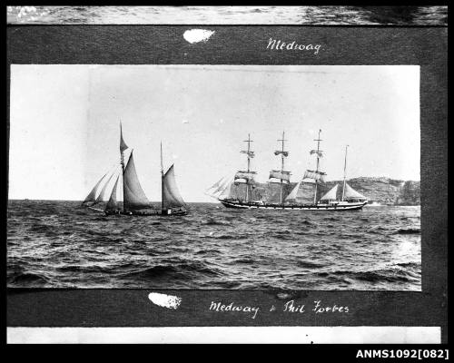 The ketch PHIL FORBES and barque MEDWAY near Sydney Heads, Sydney Harbour