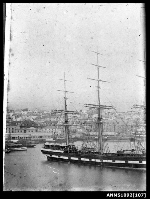 Three-masted ship, possibly LOCH LONG, anchored in Circular Quay