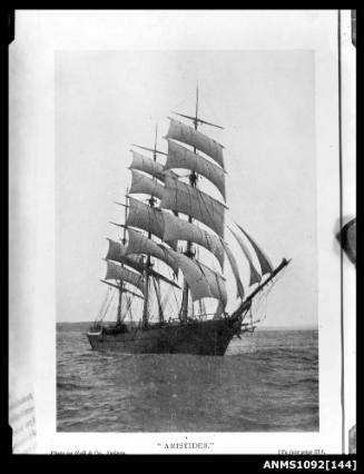 A three masted full rigged ship sails set and underway