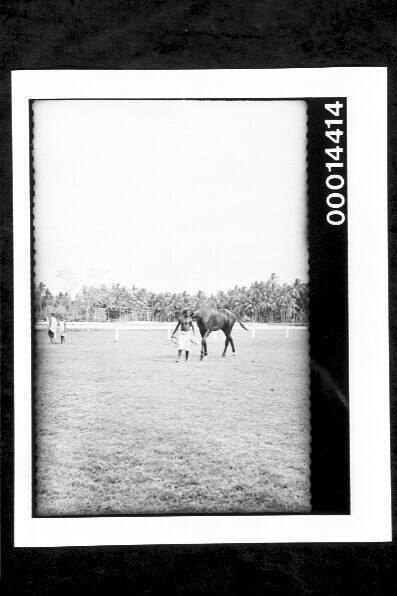 Voyage of the yacht SIRIUS.  Rabaul racecourse, leading a horse, 8 August 1935