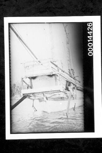 The stern of a large Indonesian sailing vessel moored near Buton, Indonesia