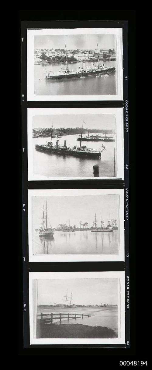 Black and white 120 film negative strip containing four images of the Brisbane River