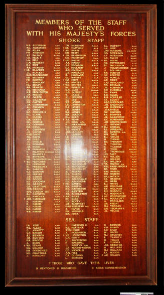 Honour board listing the names of staff from Adelaide Steamship Co ltd who served in World War II