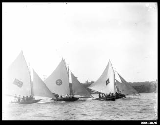 18-footers racing on Sydney Harbour, AUSTRALIAN, KYEEWA  and DONNELLY.