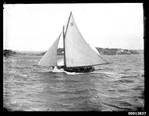 Portside view of 22-footer yacht VARUNA sailing past Darling Point, Sydney Harbour