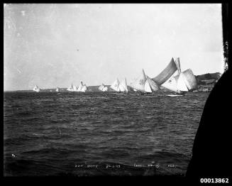 The Intercolonial fleet of 22-footers on Sydney Harbour in a scratch race on 30 January 1897.