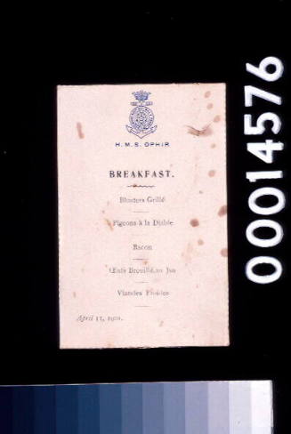 HMS OPHIR breakfast menu 11 April 1901