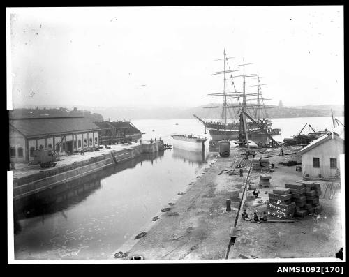 View of three masted full rigged sailing ship at the entrance of the Woolwich Dock