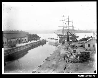 View of three masted full rigged sailing ship at the entrance of the Woolwich Dock