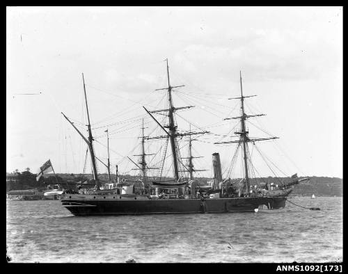 HMS TORCH moored to a buoy near Farm Cove, Sydney Harbour