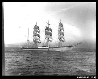 This image is a four masted barque setting sail and underway