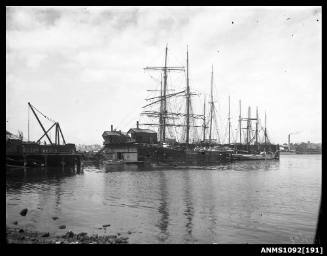Two barques and three schooners moored near Jubilee Floating Dry Dock, Balmain