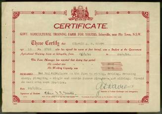 Certificate presented to Charles Scott for agricultural training at Scheyville