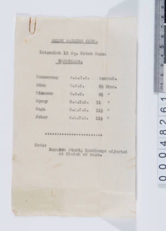 Oxley Sailing Club list of vessel handicaps for Interclub 12 Sq Metre Race