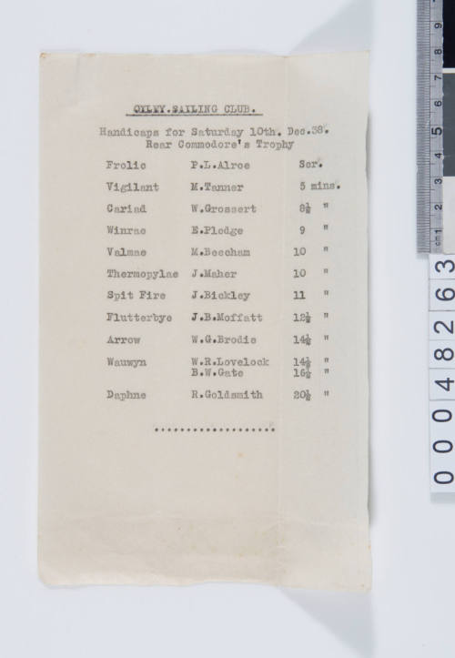 Oxley Sailing Club list of vessel handicaps and notice to skippers for the Interclub 12 sq Metre Race