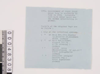 Typed note listing contents of cassette tape labeled Oskar Speck interview