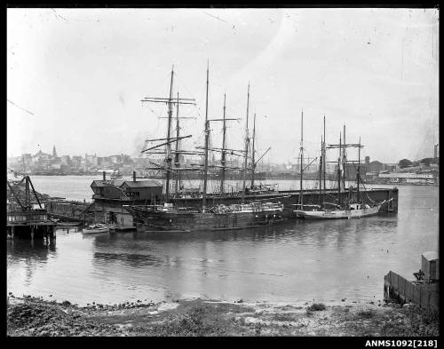 Image of barques, barquentine and a three masted schooner moored alongside Jubliee Dry Dock, Balmain