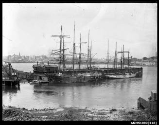 Image of barques, barquentine and a three masted schooner moored alongside Jubliee Dry Dock, Balmain