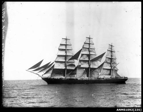 Three masted full rigged ship HOVE TO