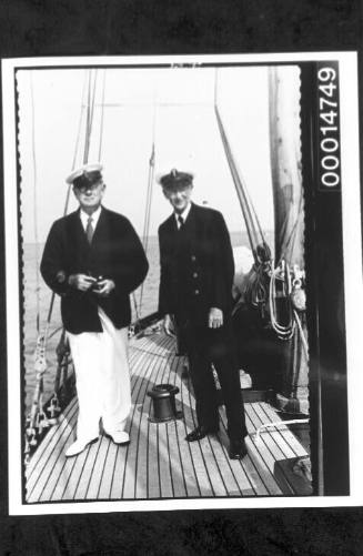 Harold Nossiter Snr and a guest aboard yacht SIRIUS off the south coast of England