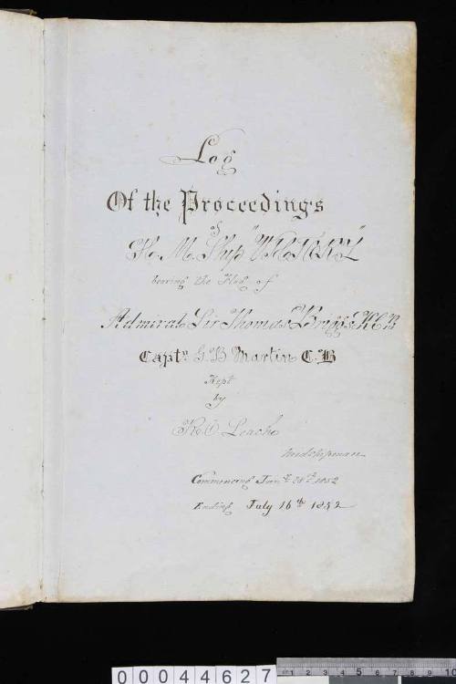 Manuscript  journal logging proceedings aboard the HMS VICTORY and other vessels as recorded by Robert O Leach, 1852-1861