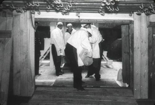 Slide depicting a group of men loading animal carcass on into storage