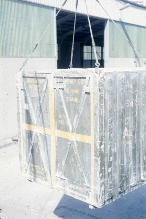 Slide depicting a metal crate lifted into the air