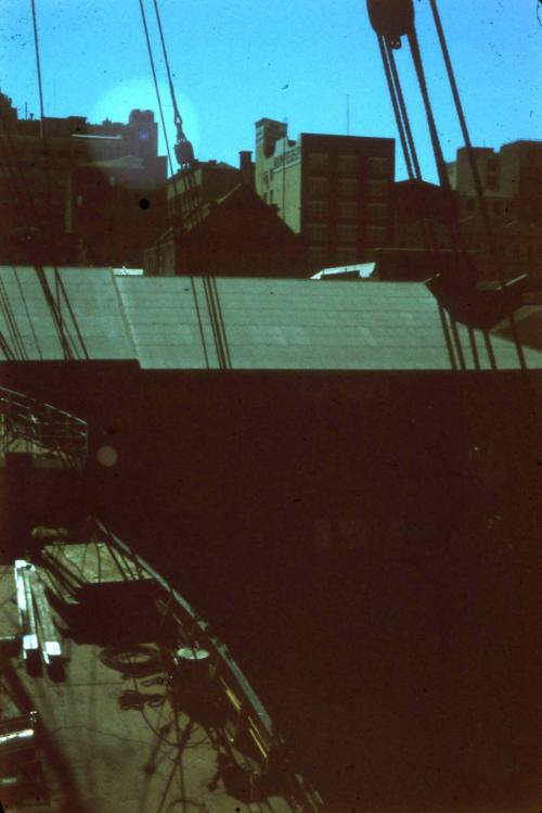 Slide of the city landscape and the deck of a boat