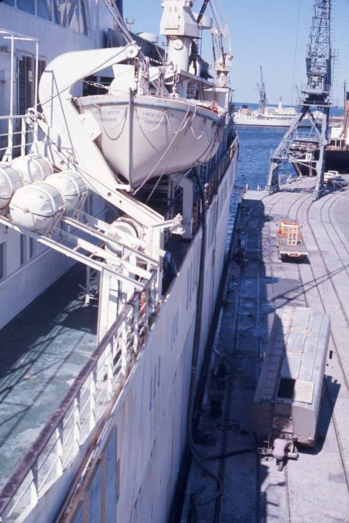 Slide depicting a vessel alongside a wharf with railway tracks and a crane visible