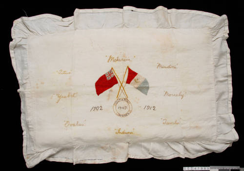 Embroidery by Annette MacGilivray commemorating the ships her husband had served on from 1902 to 1908 and especially GUTHRIE on which she met him in 1907